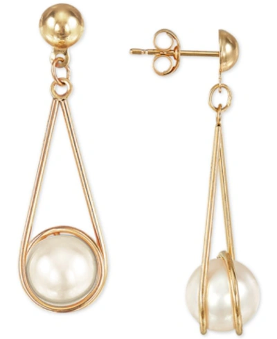 Macy's Cultured Freshwater Pearl (8mm) Wire-wrapped Drop Earrings In 10k Gold In Yellow Gold