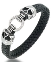 Andrew Charles By Andy Hilfiger Men's Leather Skull Head Bracelet In Stainless Steel In Stainless Steel