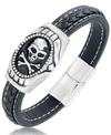 Andrew Charles By Andy Hilfiger Men's Black Leather Skull Bracelet In Stainless Steel In Stainless Steel
