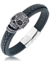 Andrew Charles By Andy Hilfiger Men's Ornamental Skull Leather Bracelet In Stainless Steel In Stainless Steel