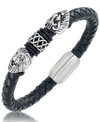 ANDREW CHARLES BY ANDY HILFIGER MEN'S BLACK LEATHER LION HEAD BRACELET IN STAINLESS STEEL