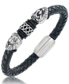 Andrew Charles By Andy Hilfiger Men's Black Leather Lion Head Bracelet In Stainless Steel In Stainless Steel