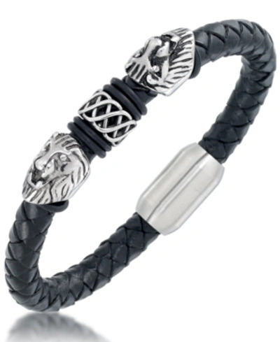 Andrew Charles By Andy Hilfiger Men's Black Leather Lion Head Bracelet In Stainless Steel