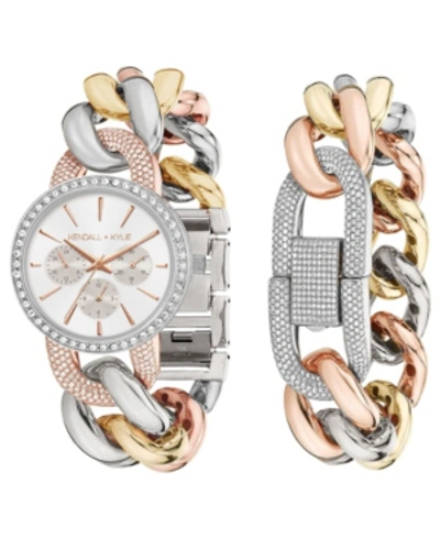 Kendall + Kylie Women's  Large Open-link Crystal Embellished Tri Tone Stainless Steel Strap Analog Wa In Open Misce