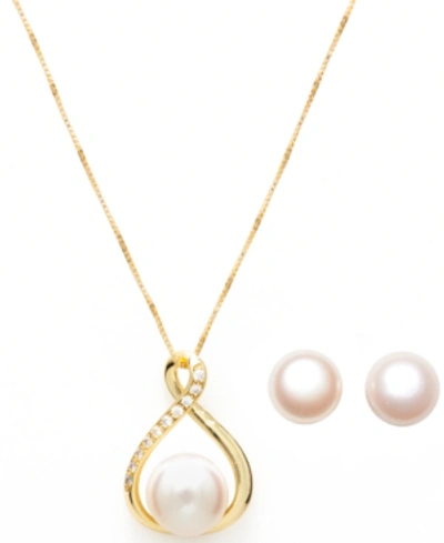 Macy's Cultured Freshwater (10-11mm) Pearl Infinity Pendant And Stud Set In 18k Gold Over Sterling Silver In Gold Over Silver