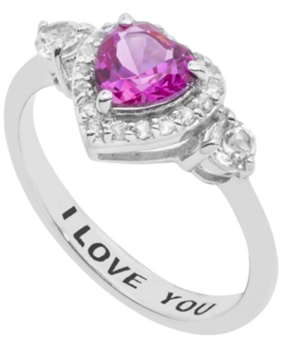 Macy's Women's Heart 'i Love You' Message Ring In Sterling Silver In Medium Pink