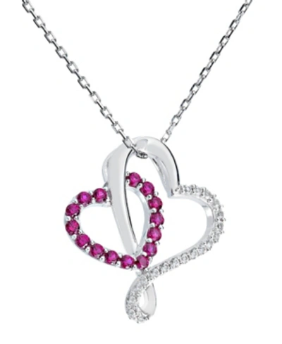 Macy's Women's Double-heart Pendant Necklace In Sterling Silver In Medium Red
