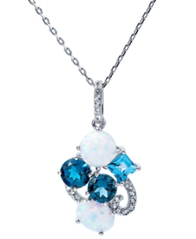Macy's Lab-grown Opal (1 1/3 Ct.t.w) And Blue Topaz (2 1/2 Ct.t.w) Cluster Pendant Necklace In Sterling Sil