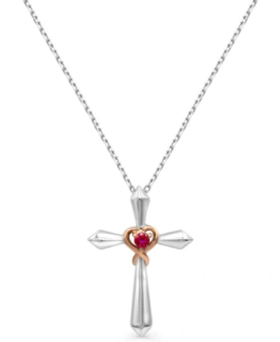 Macy's Women's 14k Rose Gold Plated Cross With Heart Pendant Necklace In Sterling Silver In Medium Red