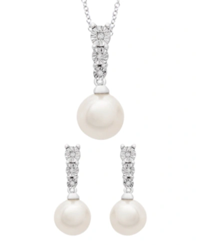 Macy's Cultured Freshwater Pearl (6-7mm) And Diamond (1/20 Ct. T.w.) Box Set (pendant & Earrings) In Sterli In Sterling Silver
