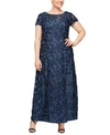 Alex Evenings Rosette Lace Short Sleeve A-line Gown In Navy