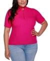 Belldini Black Label Plus Size Mock Neck Zip Front Ribbed Short Sleeve Top In Lipstick, Gold Tone