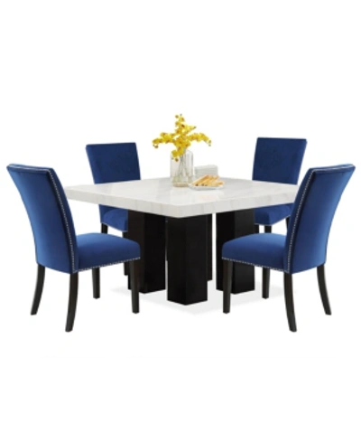 Furniture Camila 54" Marble Square Dining Table And Blue Velvet Dining Chair 5pc Set (table+4 Chairs)