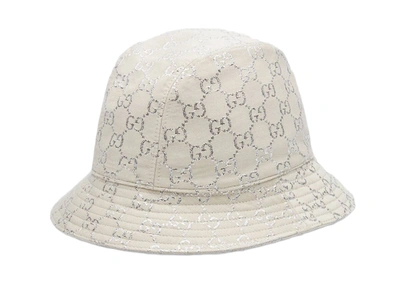 Pre-owned Gucci Gg Lame Bucket Hat White/silver