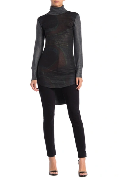 Go Couture Turtleneck High-low Tunic Sweater In Peacock Print