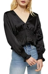 TOPSHOP SATIN SHIRRED WAIST BLOUSE,13O45UBLK