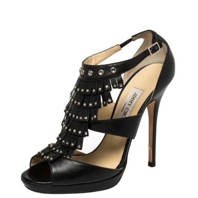 Pre-owned Jimmy Choo Black Leather Studded Fringe Platform Sandals Size 39