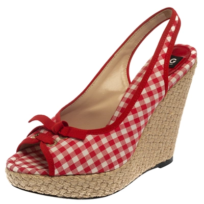 Pre-owned Dolce & Gabbana Red/white Check Fabric Wedge Slingback Sandals Size 40