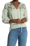 ALL IN FAVOR LACE TRIM LINEN BLEND PEASANT TOP,191446356827