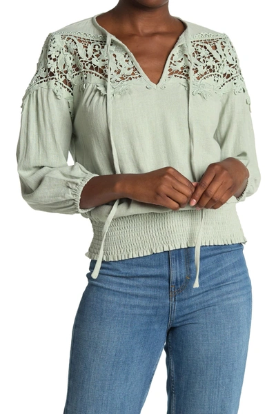 All In Favor Lace Trim Linen Blend Peasant Top In Sage