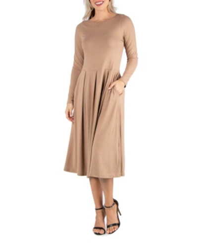 24seven Comfort Apparel Midi Length Fit And Flare Pocket Maternity Dress In Wheat