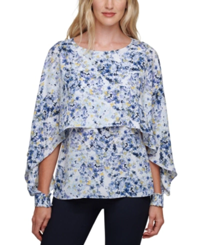 Dkny Floral-print Cape-overlay Top In White/blue Multi