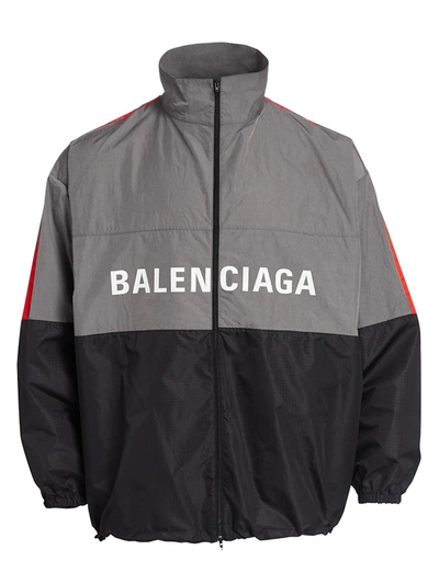 Balenciaga Men's Colorblock Logo Zip-front Jacket In Elephant