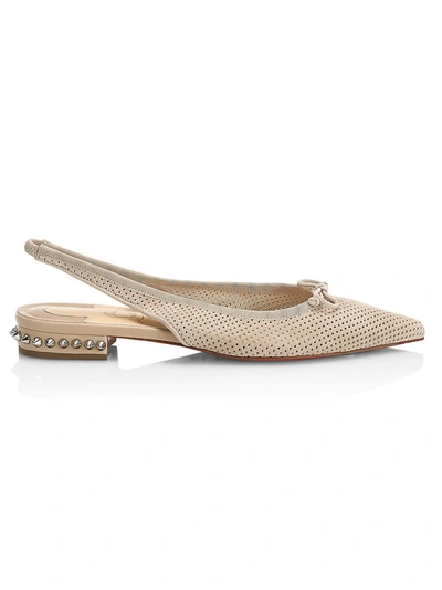 Christian Louboutin Hall 20 Spiked Perforated Suede Slingback Point-toe Flats In Beige