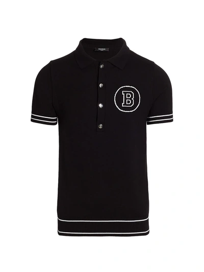 Balmain Men's Logo Intarsia Polo Shirt In Black White