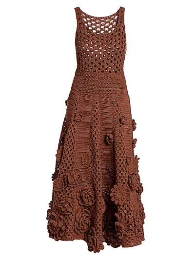 Valentino Women's Floral Open-knit Cotton Midi Dress In Brown