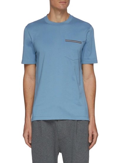 Brunello Cucinelli Stripe Trim Pocket Crewneck Cotton T-shirt In Blue
