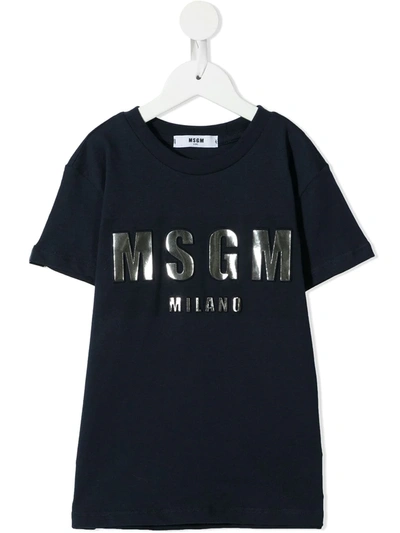 Msgm Kids' 亮面logo印花t恤 In Blue