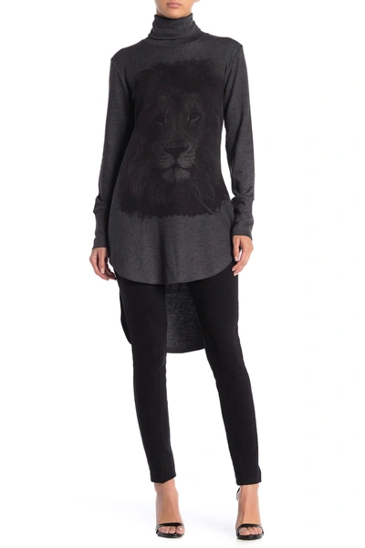 Go Couture Turtleneck High-low Tunic Sweater In Charcoal Lion Mane
