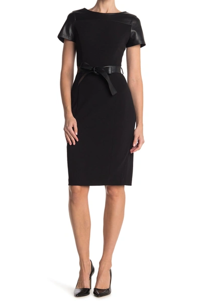 Calvin Klein Belted Faux Leather Accent Sheath Dress In Black | ModeSens