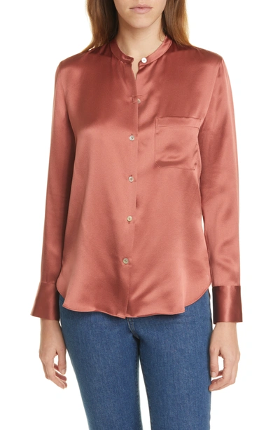 Vince Slim Fit Band Collar Silk Blouse In Rosewood