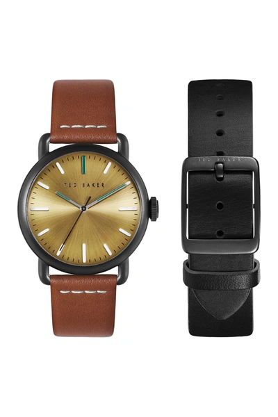 Ted Baker Tomcoll Leather Strap Box Set, 40mm In Tan