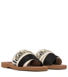 CHLOÉ WOODY EMBROIDERED CANVAS SLIDES,P00528154