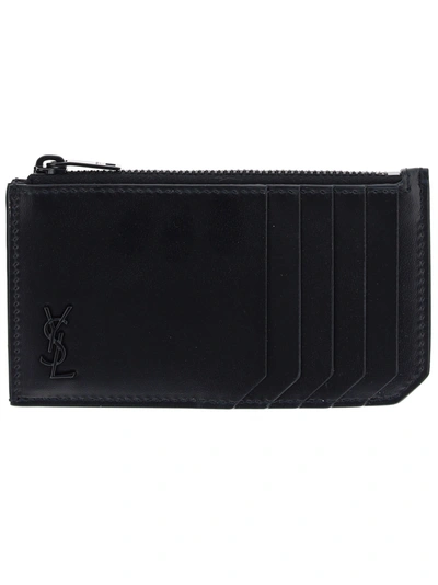 Saint Laurent Men's Genuine Leather Credit Card Case Holder Wallet In Black