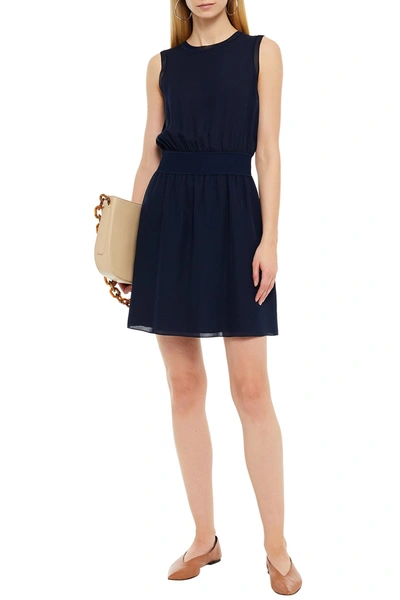 Theory Gathered Silk Crepe De Chine Mini Dress In Navy