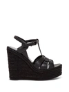 Saint Laurent Jute Wedge Leather Sandals In Nero
