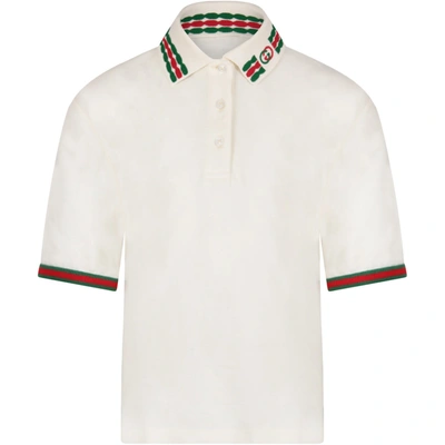 Gucci Kids' Ivory Girl Polo Shirt With Double Gg In Ivory/multicolor