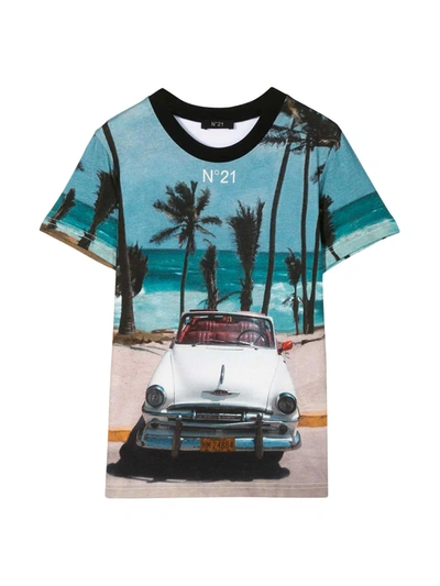 N°21 Kids' Car Print Cotton T-shirt In Blue