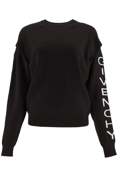 Givenchy Micro Ribbed Jumper With Logo In Nero