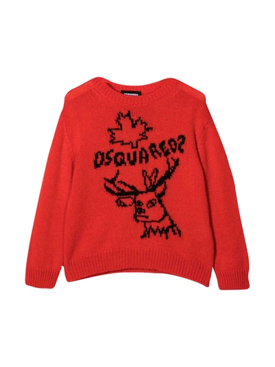 Dsquared2 Kids' Deer Wool & Alpaca Knit Blend Sweater In Rosso
