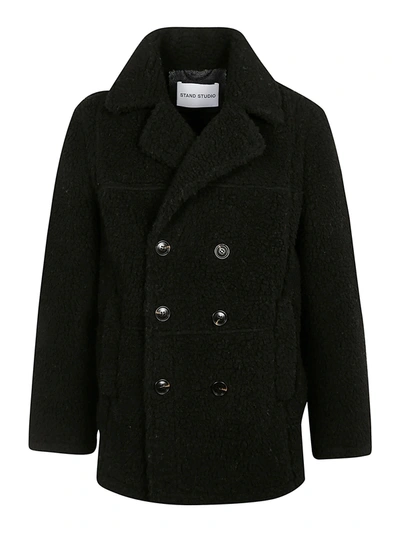 Stand Studio Double Breasted Faux Shearling Coat In Nero