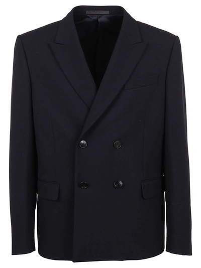 Valentino Logo Double Breasted Wool Jacket In Blu
