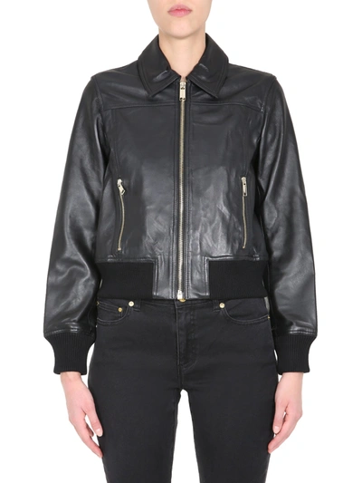 Michael Michael Kors Leather Bomber In Black