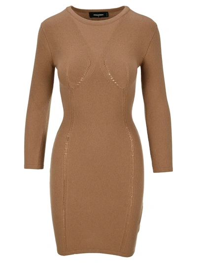 Dsquared2 Knitted Long-sleeve Dress In Camel