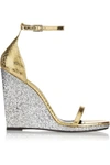 SAINT LAURENT Jane Glitter-Trimmed Metallic Elaphe Wedge Sandals