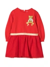 MOSCHINO RED DRESS WITH LOGO AND TOY EMBROIDERY,11572768